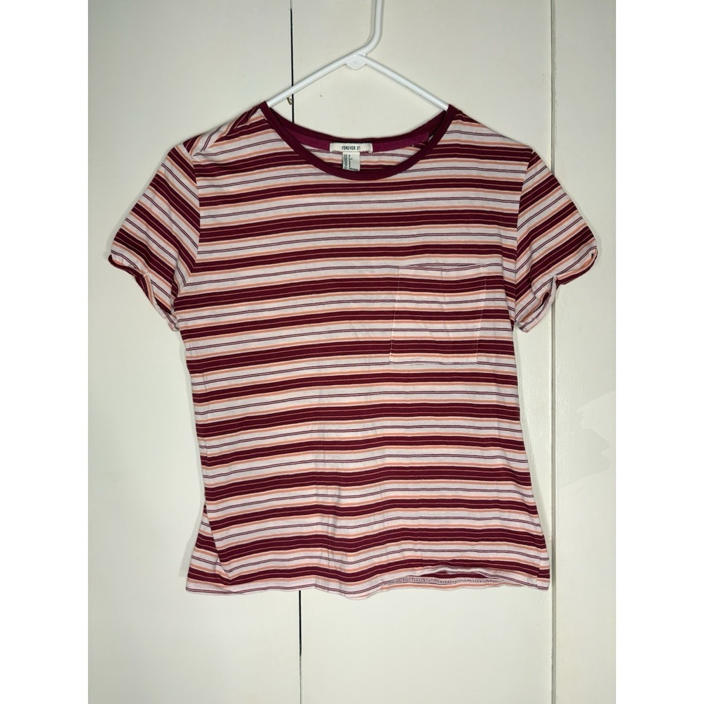 FOREVER 21 Burgundy White Striped Short-Sleeve Ringer Crew Neck T-Shirt Womens S